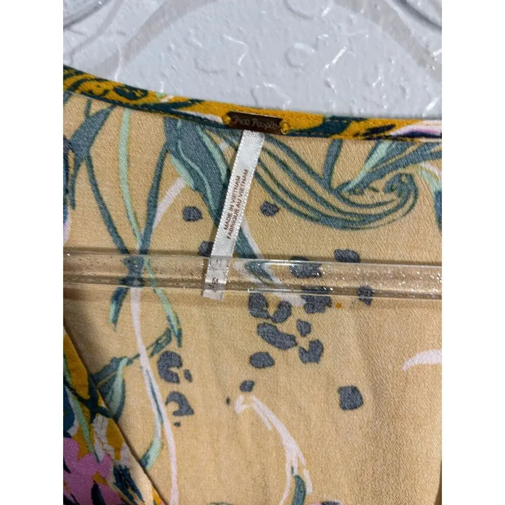 Free People Bella Golden Yellow Floral Print Spring Tunic Blouse sz M Boho